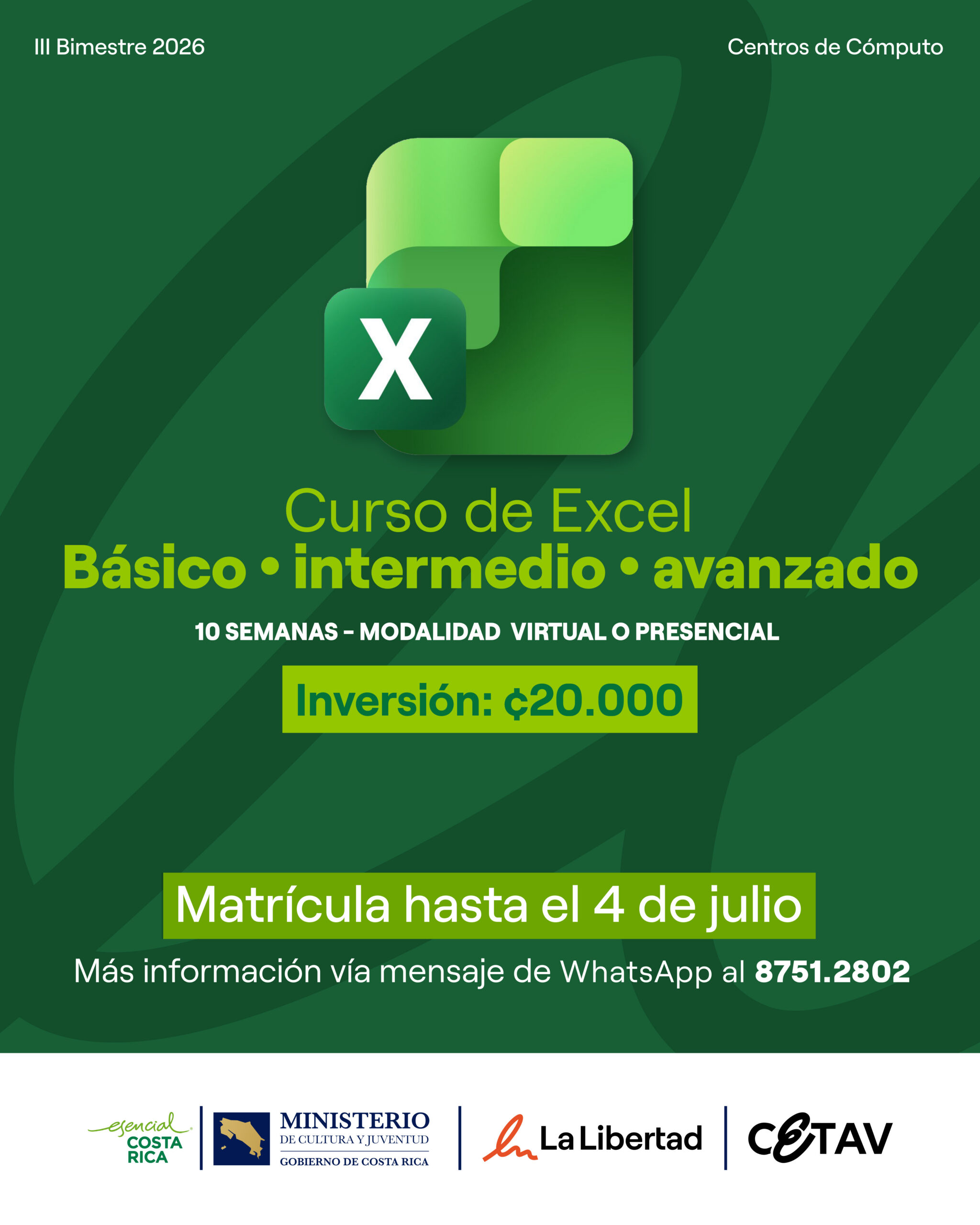 Anuncio del curso Herramientas Digitales Excel Básico para el primer bimestre 2026 con matrícula abierta. La imagen muestra el ícono de Microsoft Excel en tonos verdes sobre un fondo verde con elementos gráficos circulares y los logos de Esencial Costa Rica, Ministerio de Cultura y Juventud, Gobierno de Costa Rica, La Libertad y CETAV.