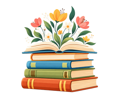 Ilustración de libros apilados con flores creciendo entre sus páginas